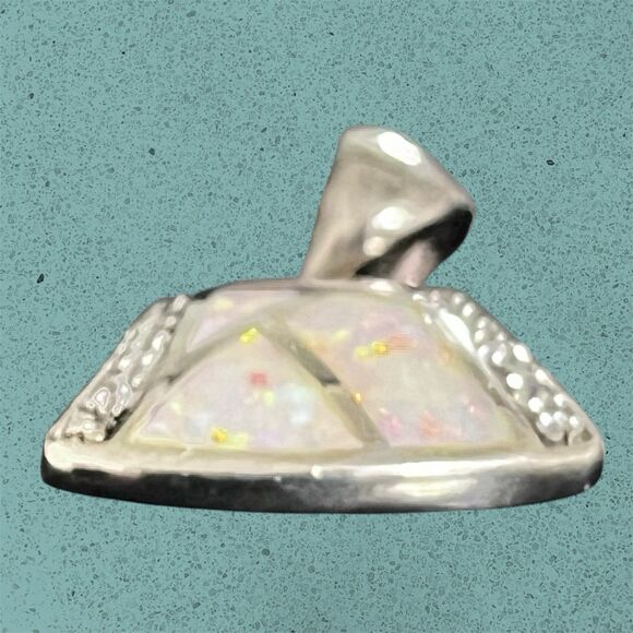 Vtg Sterling Silver AK Pendant Mosaic Lab Opal Inlay CZ Accents Artisan Design - Picture 6 of 9